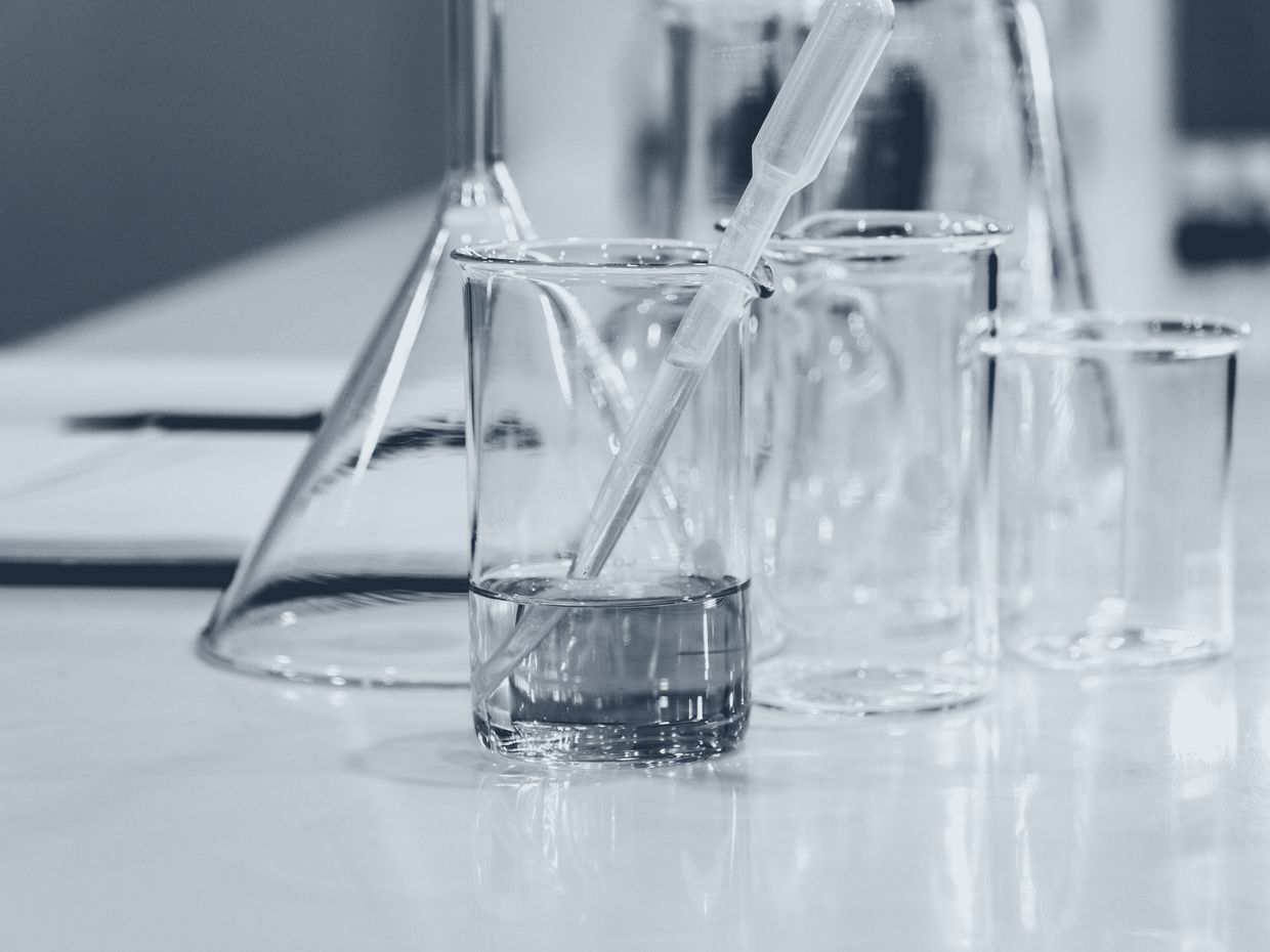 Glassware on a pharmaceutical laboratory bench